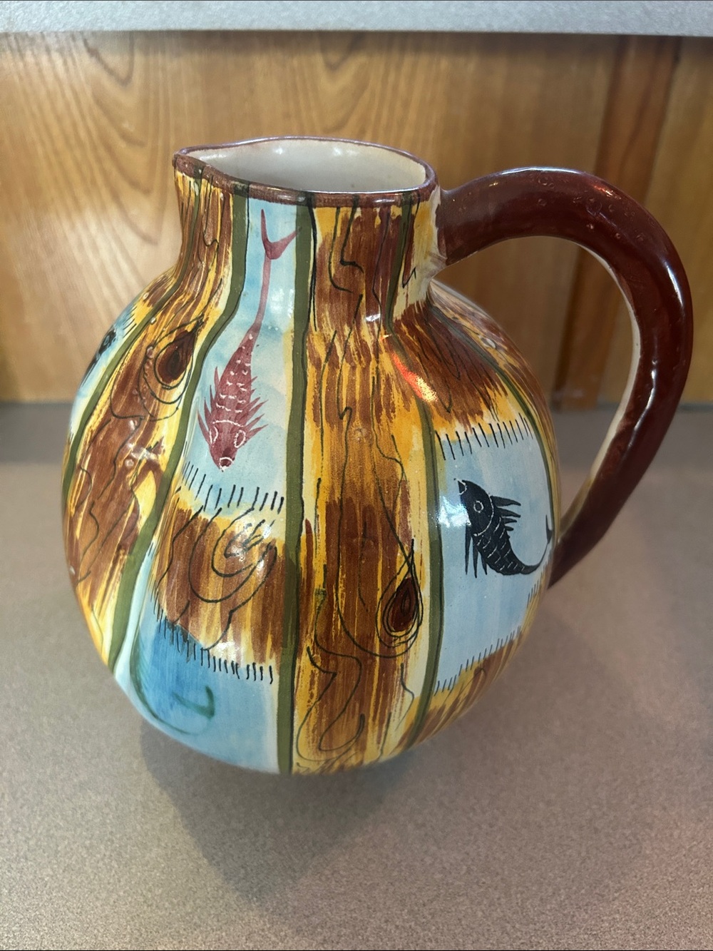 Hand Crafted Ceramic Fish Pitcher in Brown, Blue and Yellow